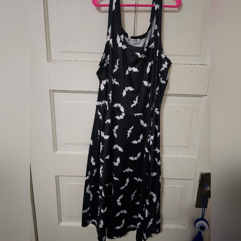 Goth Black and White Bat Midi Dress